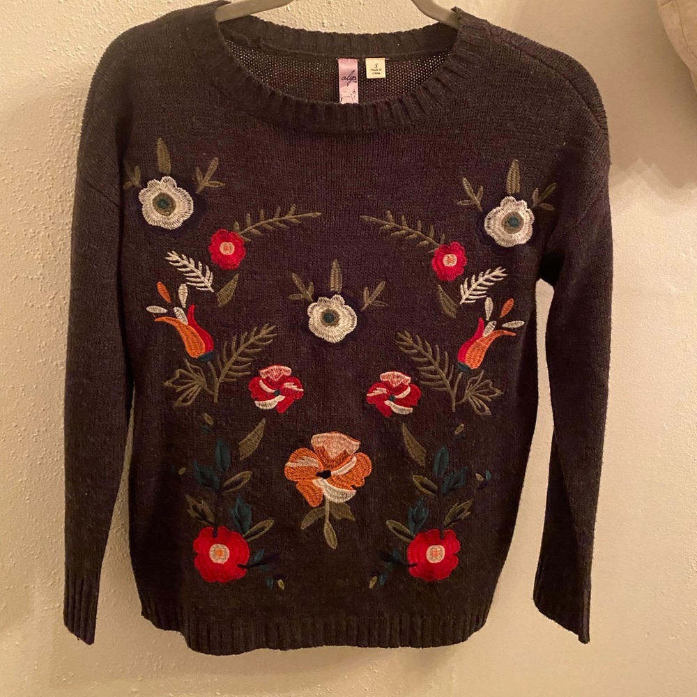 Gray Floral Embroidered Sweater